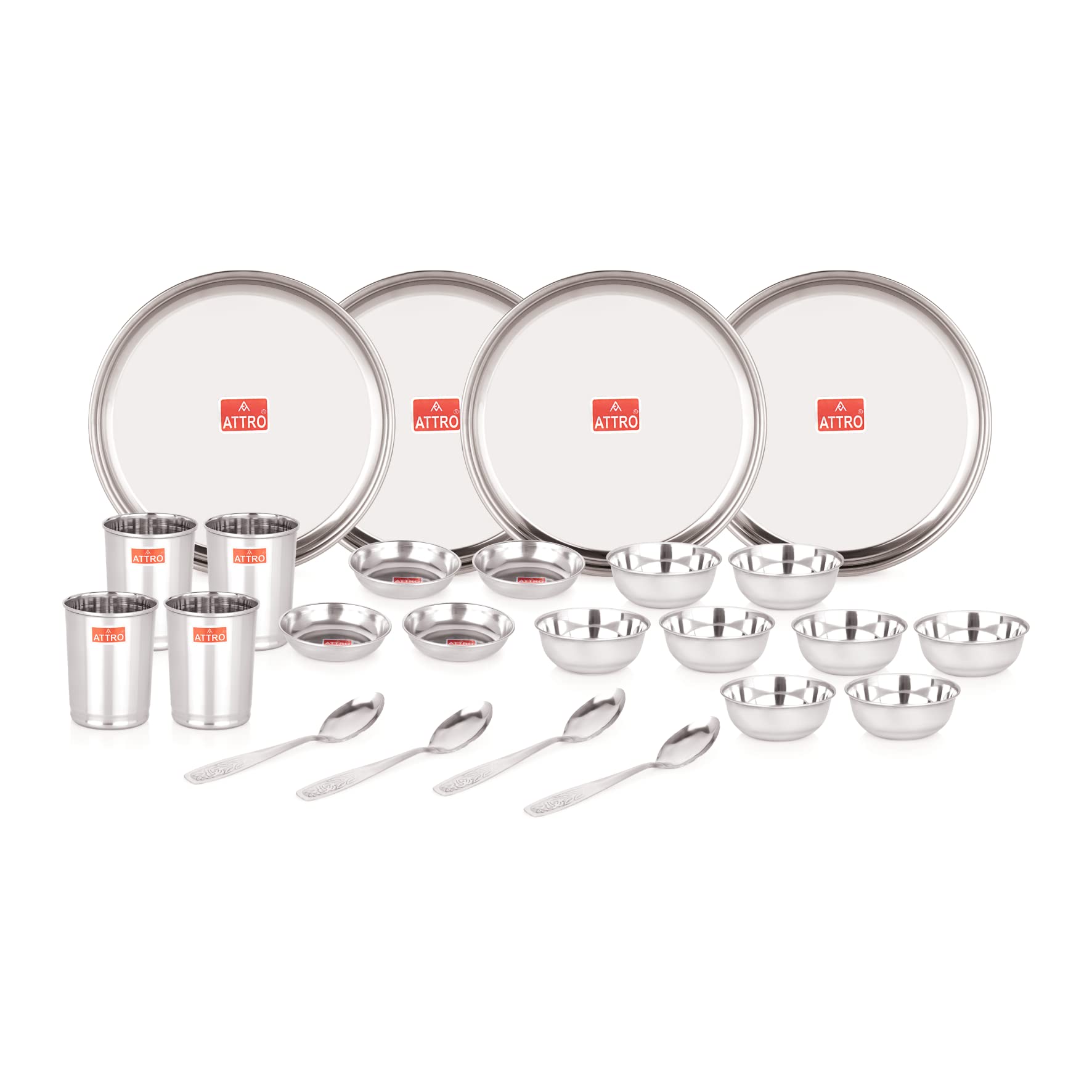 Attro 24 Pieces Smart Stainless Steel Dinnerware/Dinner Set - 4 Thali, 4 D.Plate, 8 Bowl, 4 Glass, 4 Spoon, Kitchen Set for Home & Restaurants, Family - Silver,Floral (B0BXHF4SXY) Amazon Price History, Amazon Price Tracker