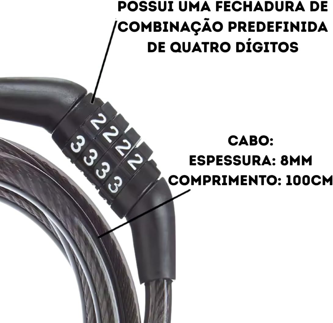 Cadeado Cabo de Segurança de 100cm para Bicicletas Bikes Motos e Pertences Valiosos Cabo de Aço Senha Numérica de 4 Dígitos Aço Reforçado De 8mm Bicicletas Portões Scooters Motos Cadeado Cabo de Segurança de 100cm para Bicicletas Bikes Motos e Pertences Valiosos Cabo de Aço Senha Numérica de 4 Dígitos Aço Reforçado De 8mm Bicicletas Portões Scooters Motos