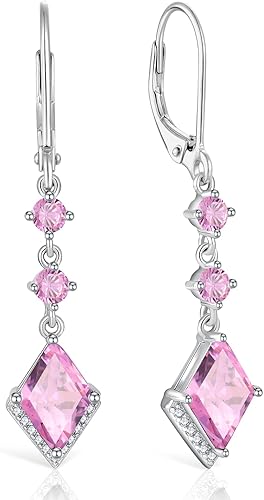 Aretes colgantes de plata de ley 925 para mujer, rombo con circonita cúbica, piedra natal, aretes de palanca para aniversario, día de San Valentín,