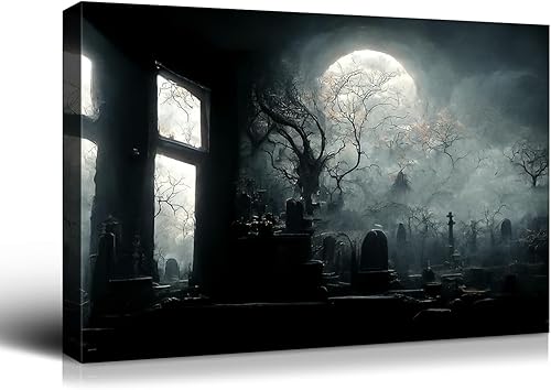 Miniatura 27 de Denozer Lienzo decorativo para pared de Halloween, castillo de terror de 32 x 24 pulgadas, decoración de pared de luna, decoración de otoño de Obra
