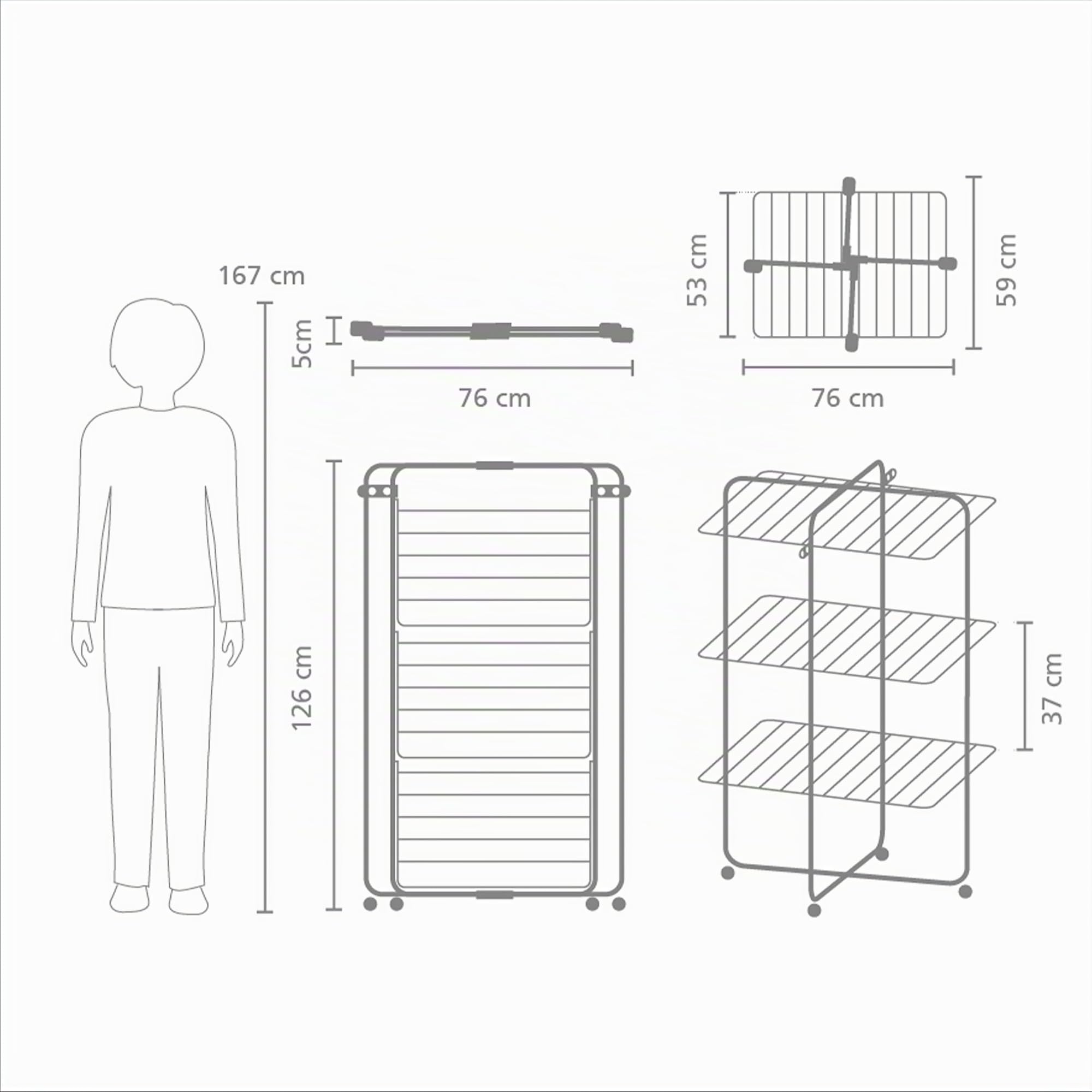 Brabantia HangOn Tower Drying Rack, 23 m (weiß), Turmwäscheständer klappbar, platzsparender Standtrockner mit Rollen und Aufhängehaken