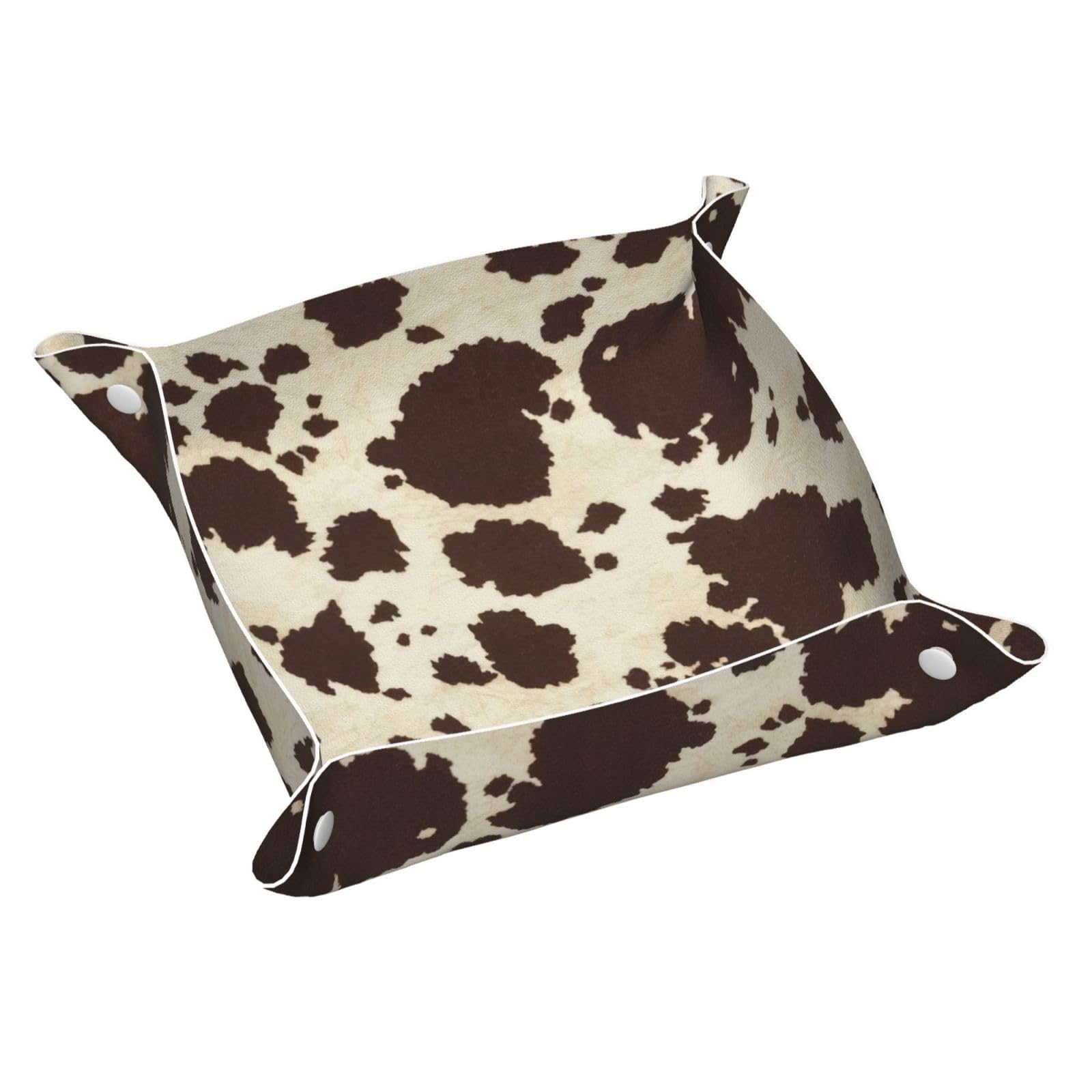 Brown Cowhide Print Leather Valet Tray, Dresser Organizer Tray, For Entryway Table Jewelry Watch Keys