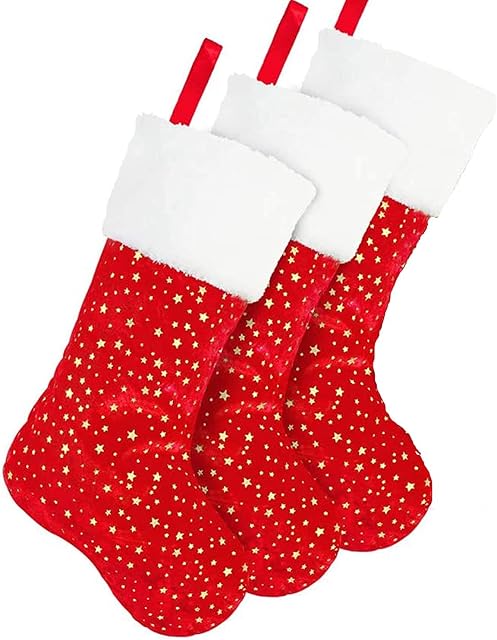 Deggodech 3 Pack Red Christmas Stockings Set, 18 inches Golden Star Xmas Stocking with White Plush Trim for Farmhouse Rustic Xmas Fireplace Hanging Decoration