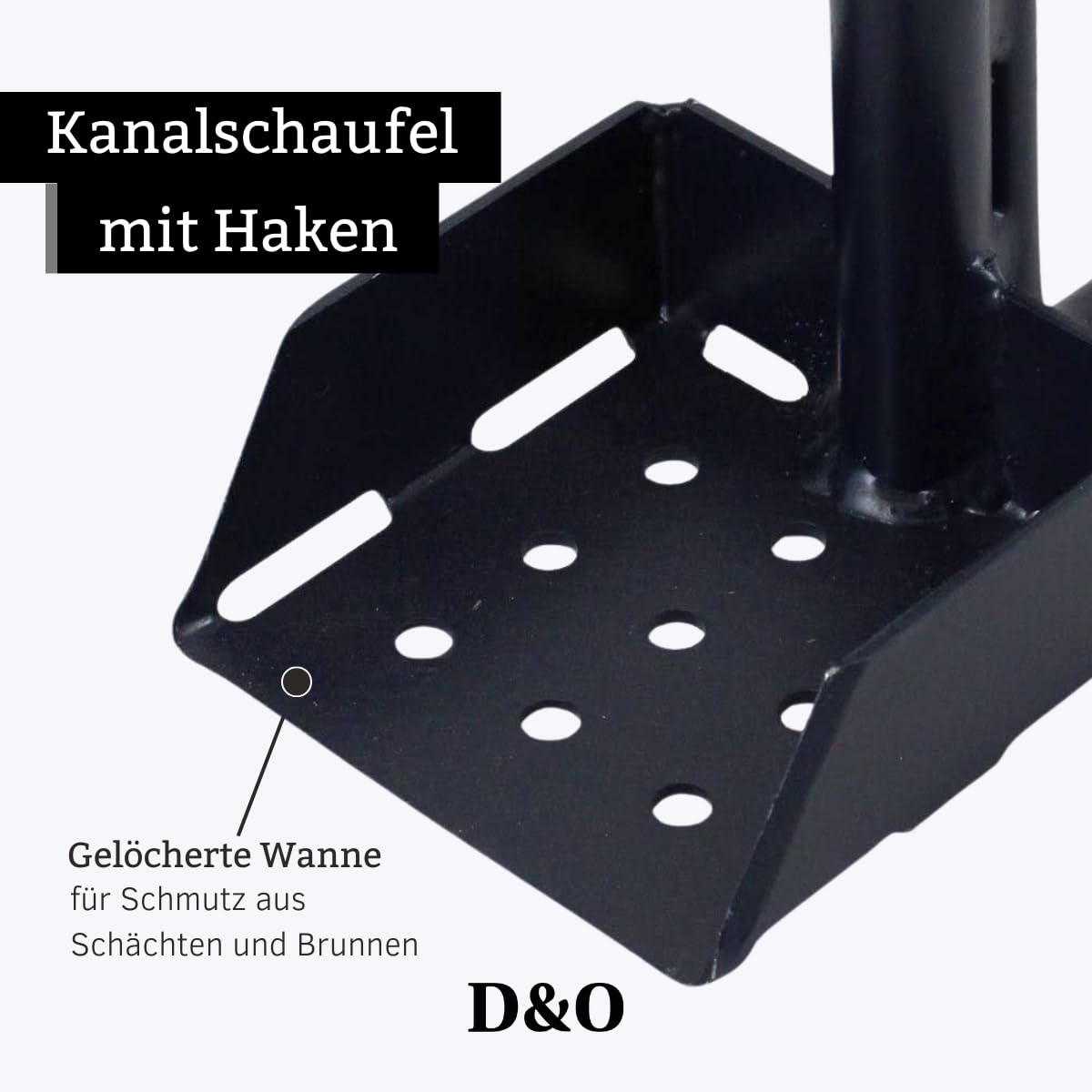 D&O Kanalschaufel aus Stahl mit Haken und gummiertem Griff Gesamtlänge 109 cm, Schaufelfläche 10x10 cm - Perfekt zum öffnen von Kanal- und Schachtdeckeln und Entfernen von Schmutz und Dreck