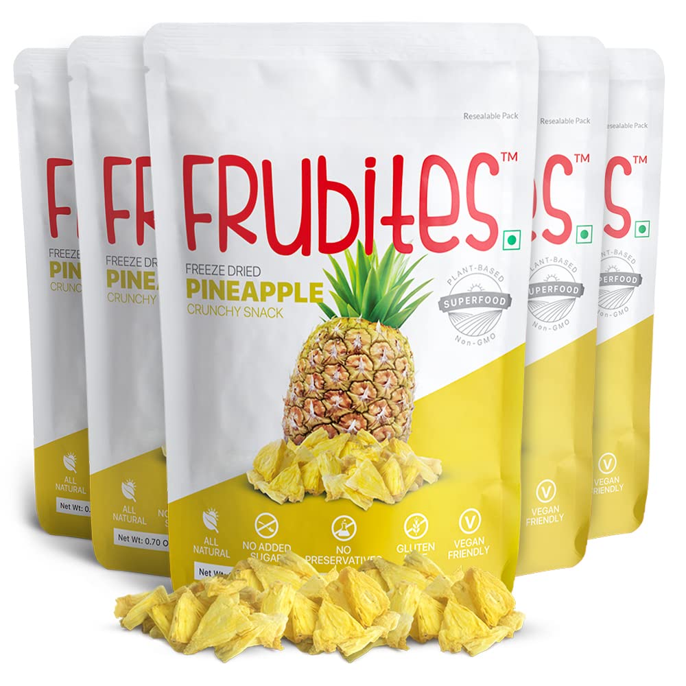 Frubites Pineapple - Freeze Dried Fruit Snack (Pack of 5, 100 grams), Crispy, crunchy Pineapple Snack. No added sugar, Vegan, Gluten-Free Snacks for Kids and Adults