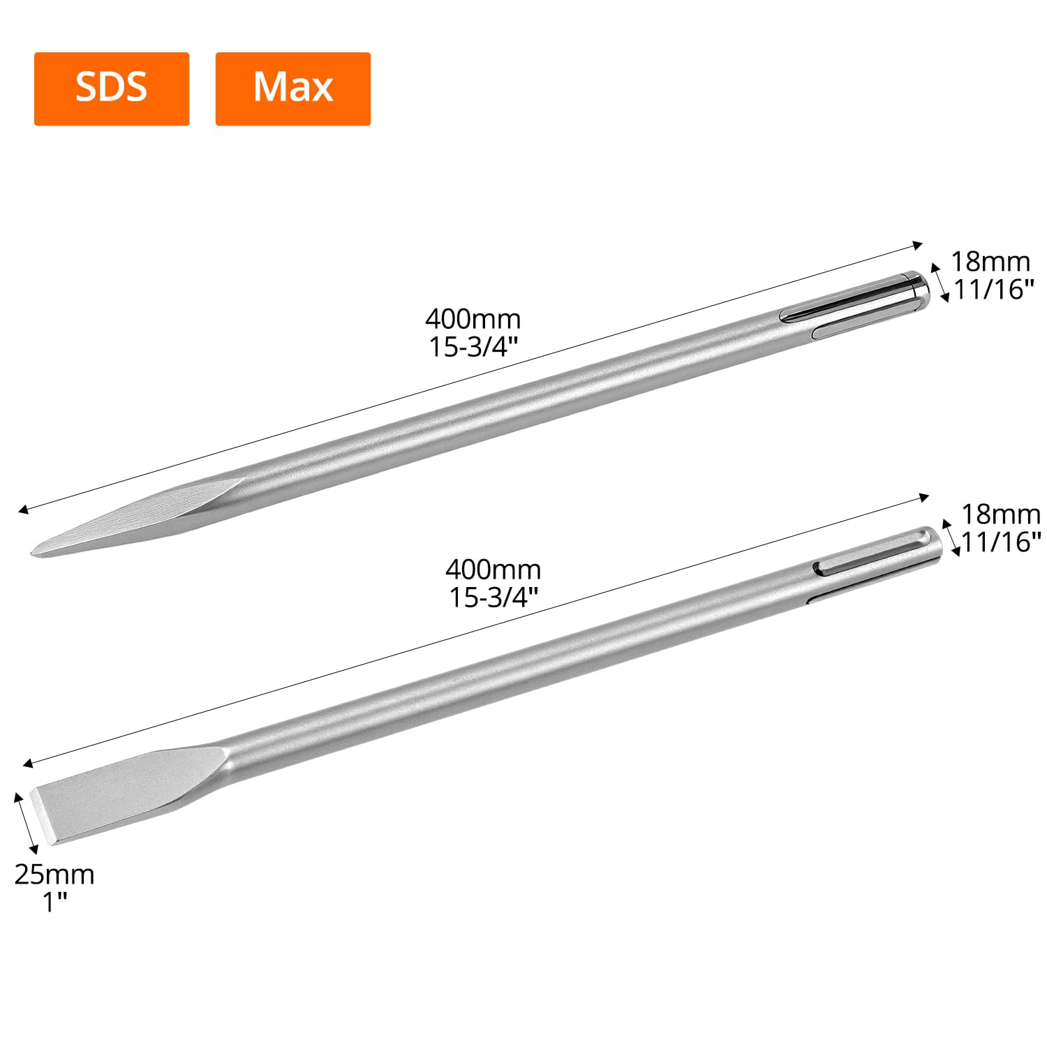 QWORK® SDS-Max Burin pointu et burin plat, 2 pièces, longueur 400 mm, diamètre 18 mm