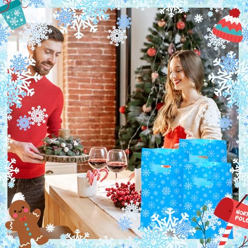 Saypacck 48 Pcs Christmas Plastic Gift Bags 8 x 12 Inch Snowflake Goodie Bags Winter Treat Bags with Handle Holiday Snow Merchandise Bag for Small Business Shopping Retail Xmas Party Favors(Blue)