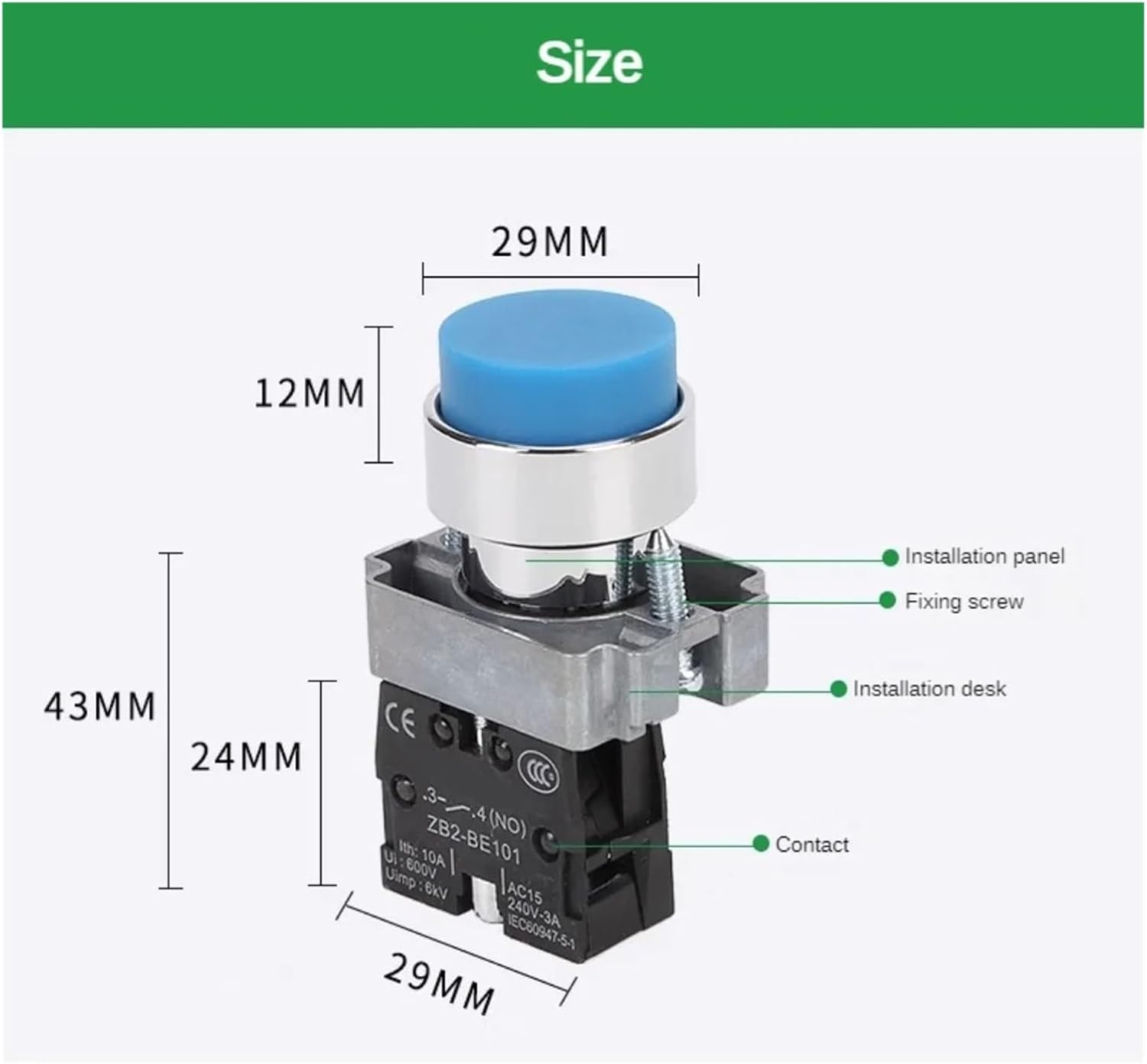 High Head Push Button Switch XB2 momentary Start Stop Power Button 22mm Push Button Switch for Industrial Switchboard red Green(White_1NC)