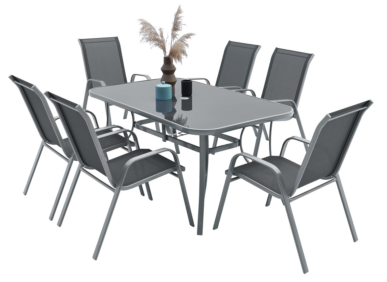 Gartentisch Glas Aluminium Grau 150 x 90 cm mit Sicherheitsglas wetterfest Stabiler Esstisch für Garten Terrasse Balkon Wohnzimmer