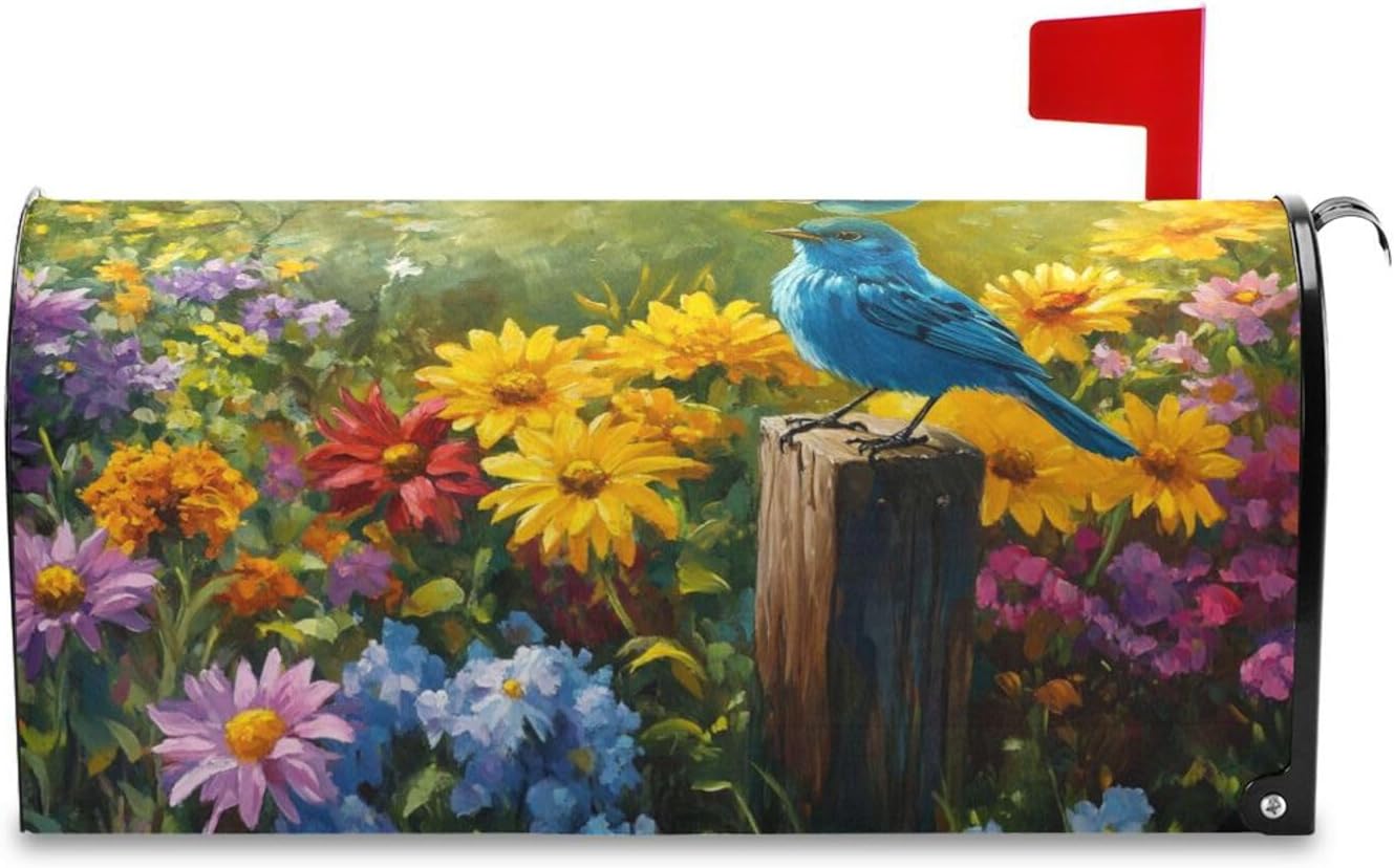 MNSRUU Nylon Mailbox Covers Magnetic Blue Bird Colorful Flowers Mailbox Covers Large Mail Box Oversized 20.8x25.4in Mailbox Wraps Post Letter Box Cover for Garden Decorations