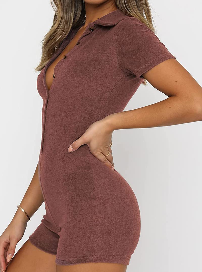 Combinaison moulante à manches courtes pour femme - Couleur unie, marron, M