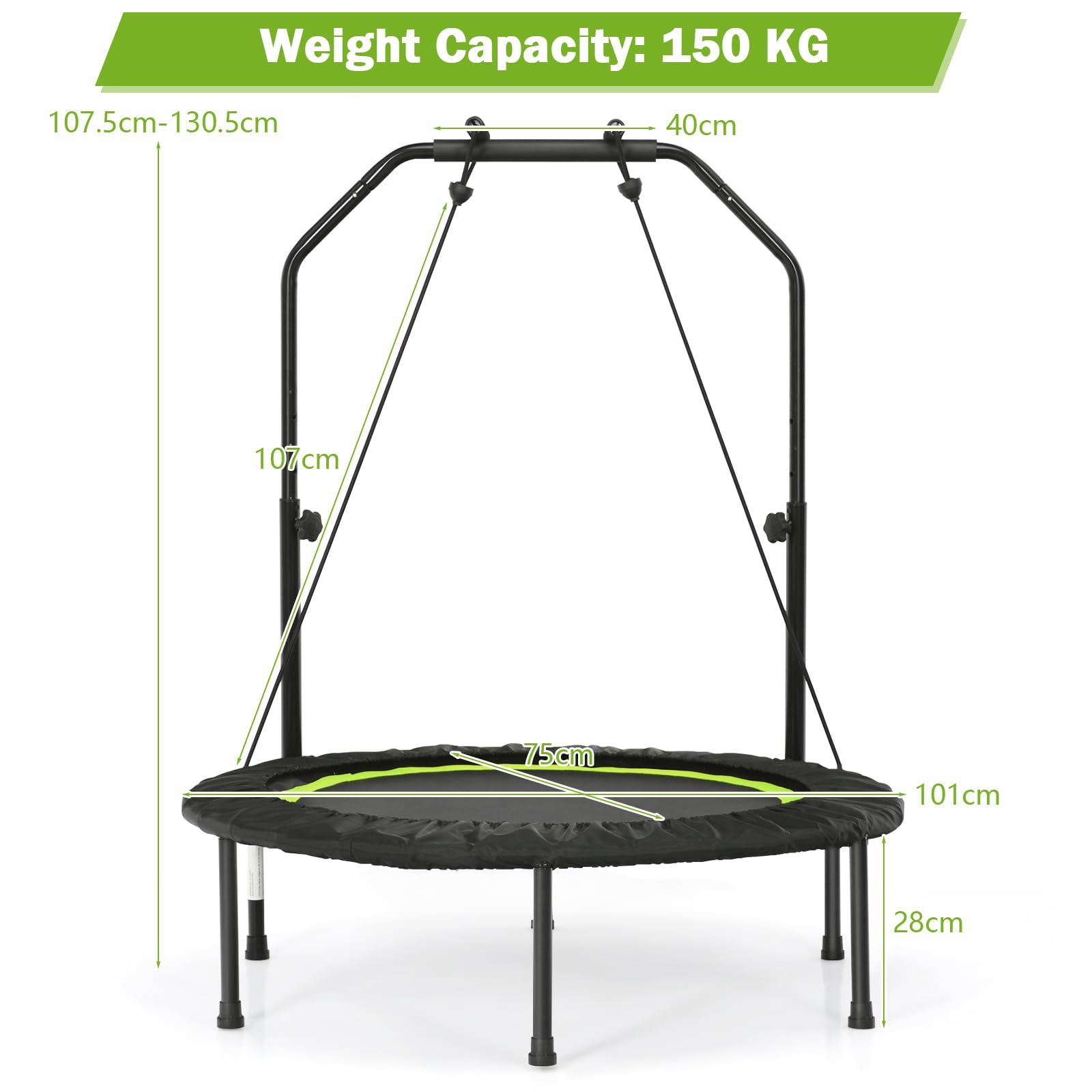 KOMFOTTEU Trampolino Fitness Ø101 cm con Carico di 150 kg, Trampolino Elastico con 2 Fasce di Resistenza e Manico Regolabile in 4 Livelli, Mini Trampolino di Rimbalzo Pieghevole per Adulti e Bambini