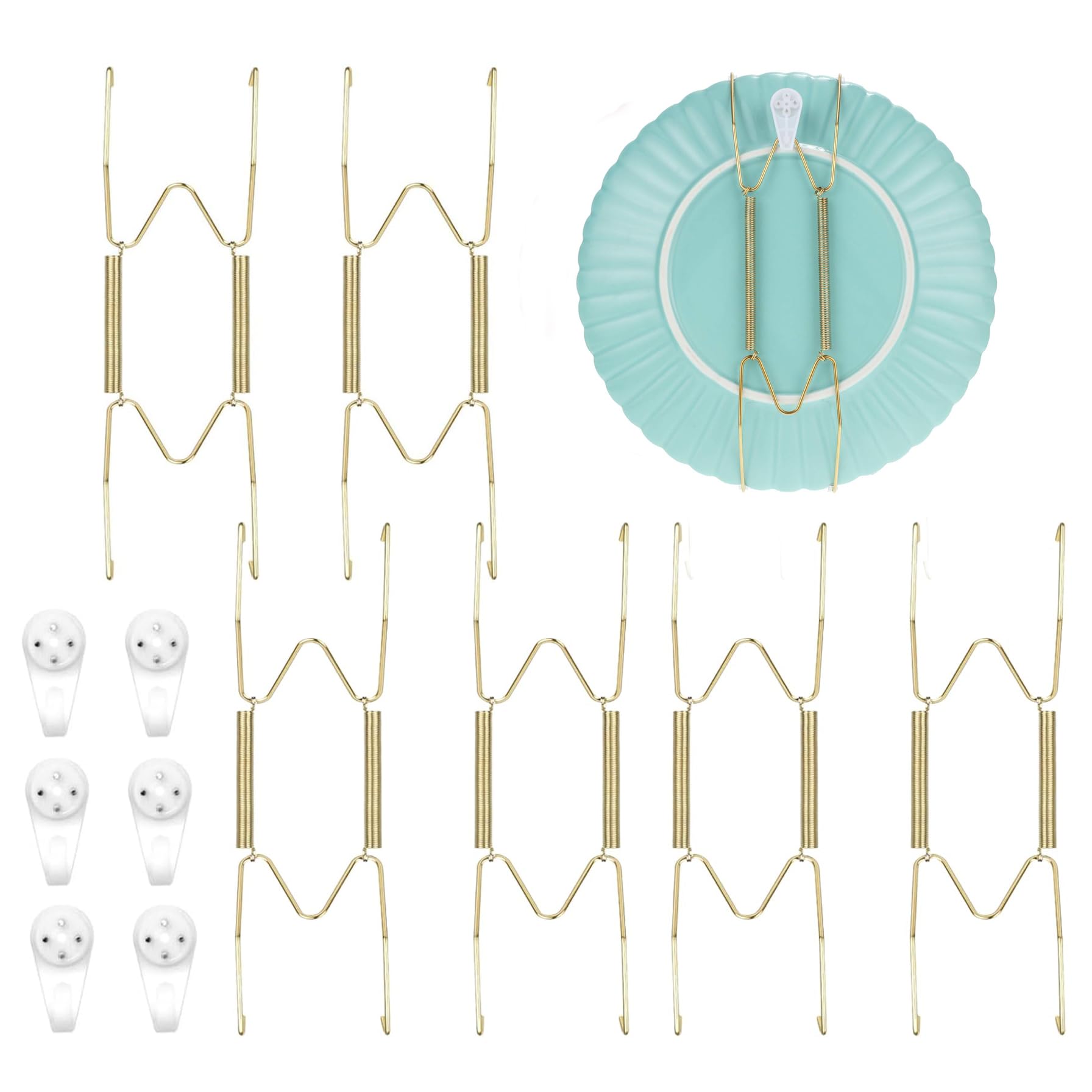 Colgadores de Platos de Pared Invisibles,6 PCS Soportes de Exhibición de Platos + 6 Ganchos Decorativos Colgadores de Placa de Pared Resorte en forma de W Colgadores para Colgar 10 Pulgadas