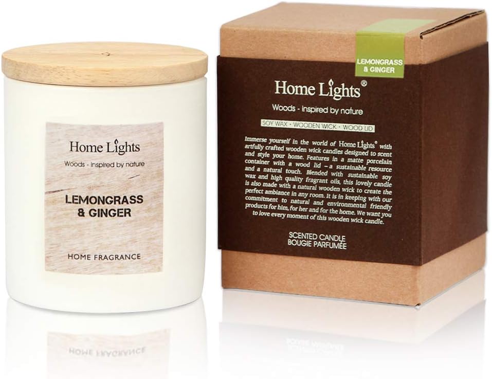 Scented Candles for Home Decoration, 35 Hours Burn Time, Wood Wicks Candle with Ceramics Design, 6.70 oz Natural Soy Wax Candles, Aromatherapy Candles for Gift, Lemongrass Ginger