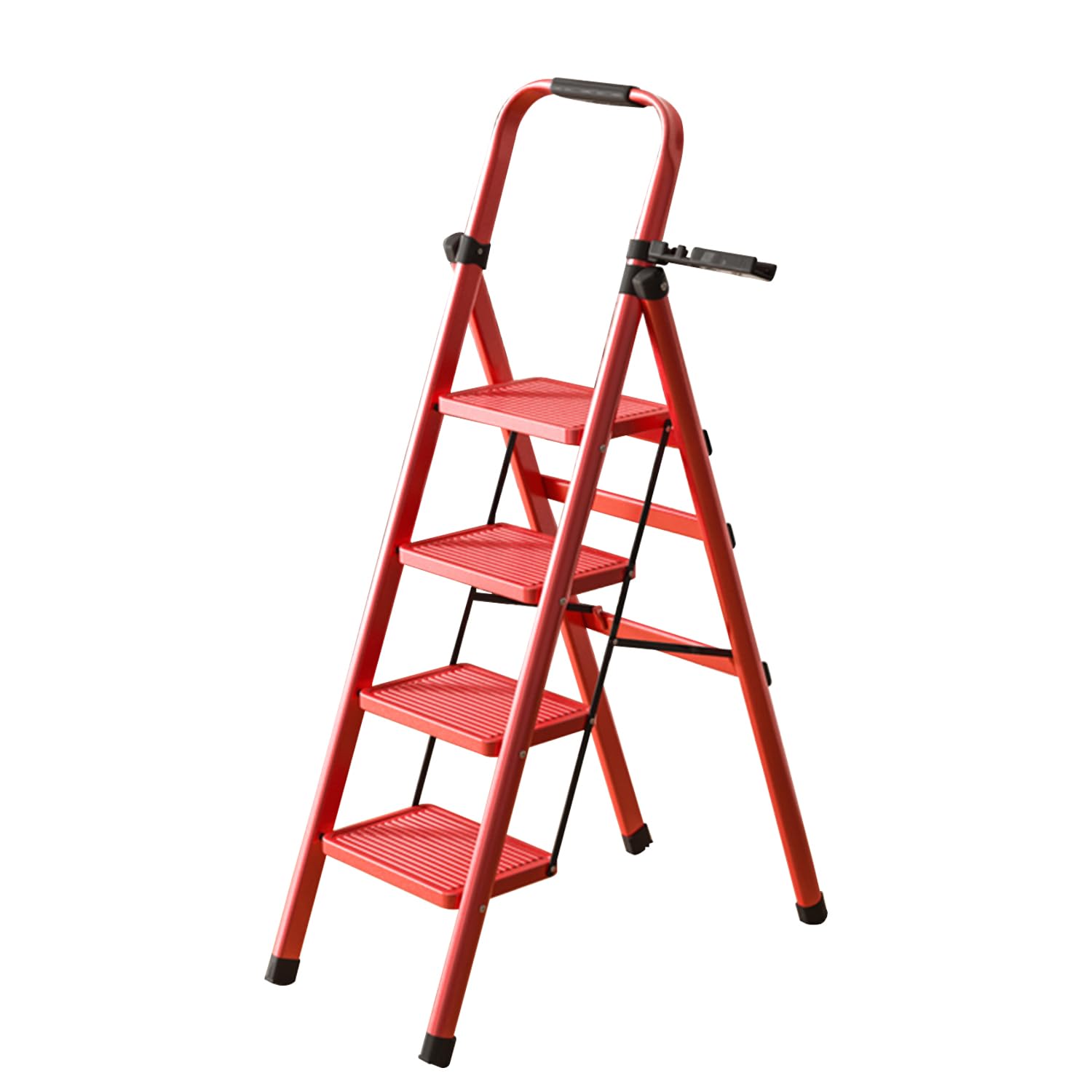 K IKIDO Escabeau pliable avec main courante, 4 marches - Antidérapant, facile à ranger - Marches larges - Convient pour la cuisine, la maison et la maison - Charge maximale : 150 kg (4 marches)