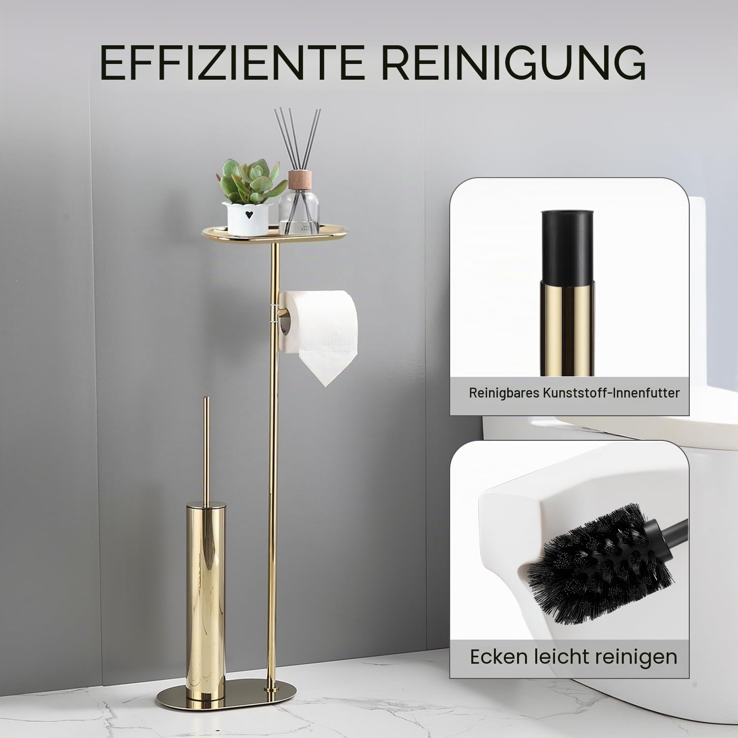 BGL Freistehendes Toilettenbürsten-Set mit langem Edelstahl Gold – WC Bürste & Klobürste mit Toilettenpapierhalter, 3-in-1 Set mit Ablage, Modernes Design