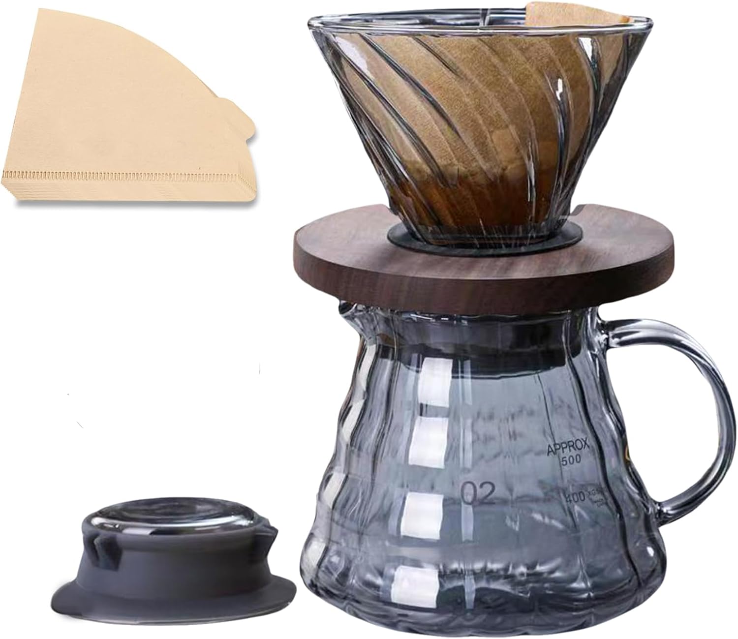 Pour Over Coffee Maker,20 oz Borosilicate Glass Coffee Carafe, Wooden Collar, Coffee Maker Carafe, 600 ml, Clear,for Home Café Restaurant and Camping