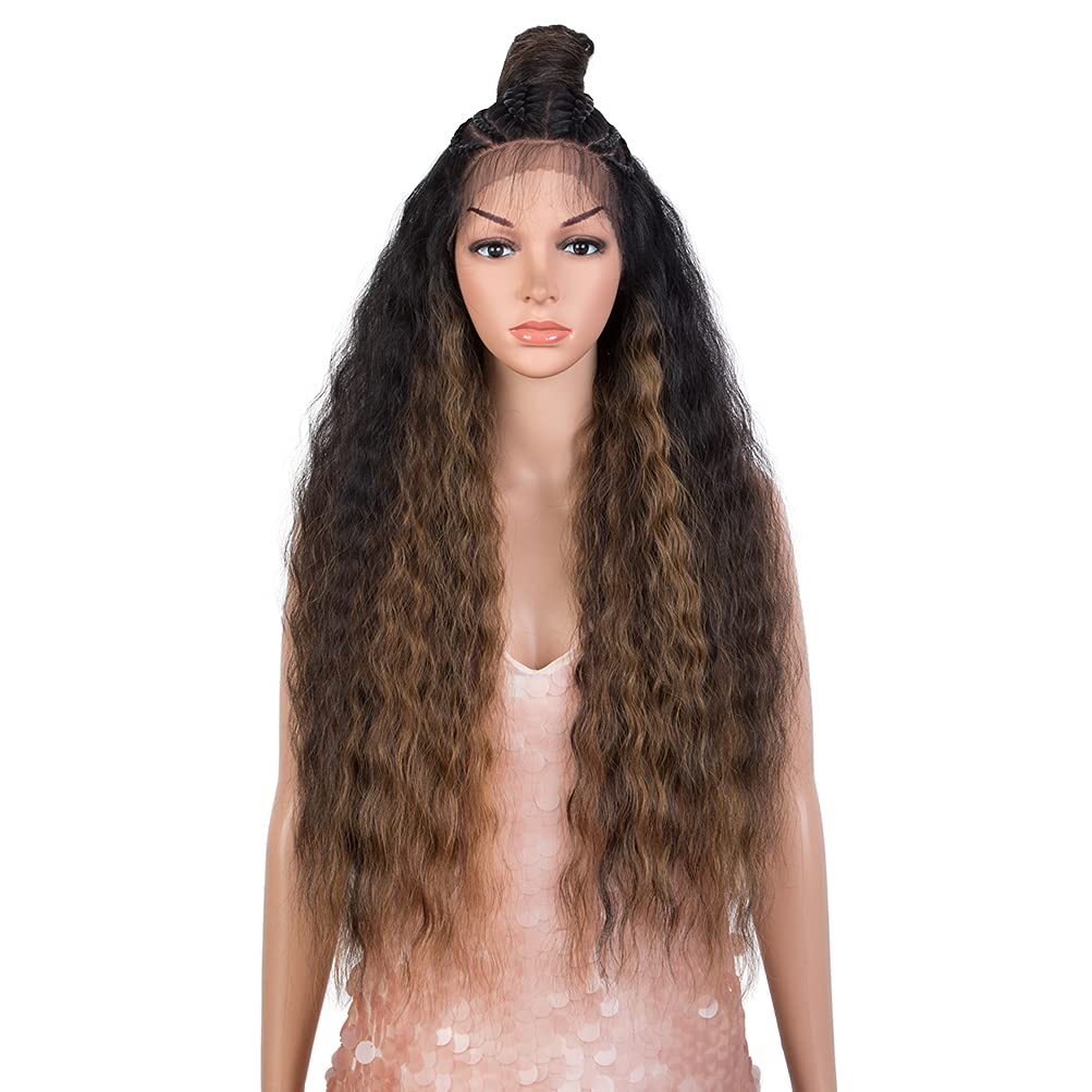 Style Icon 28”13x7 Lace Frontal Wig Updo Bun Pre Braided Wigs with Baby Hair for Women Free Part Lace Frontal Wig High Temperature Water Wave Synthetic Wigs (28 Inches, BF2202)