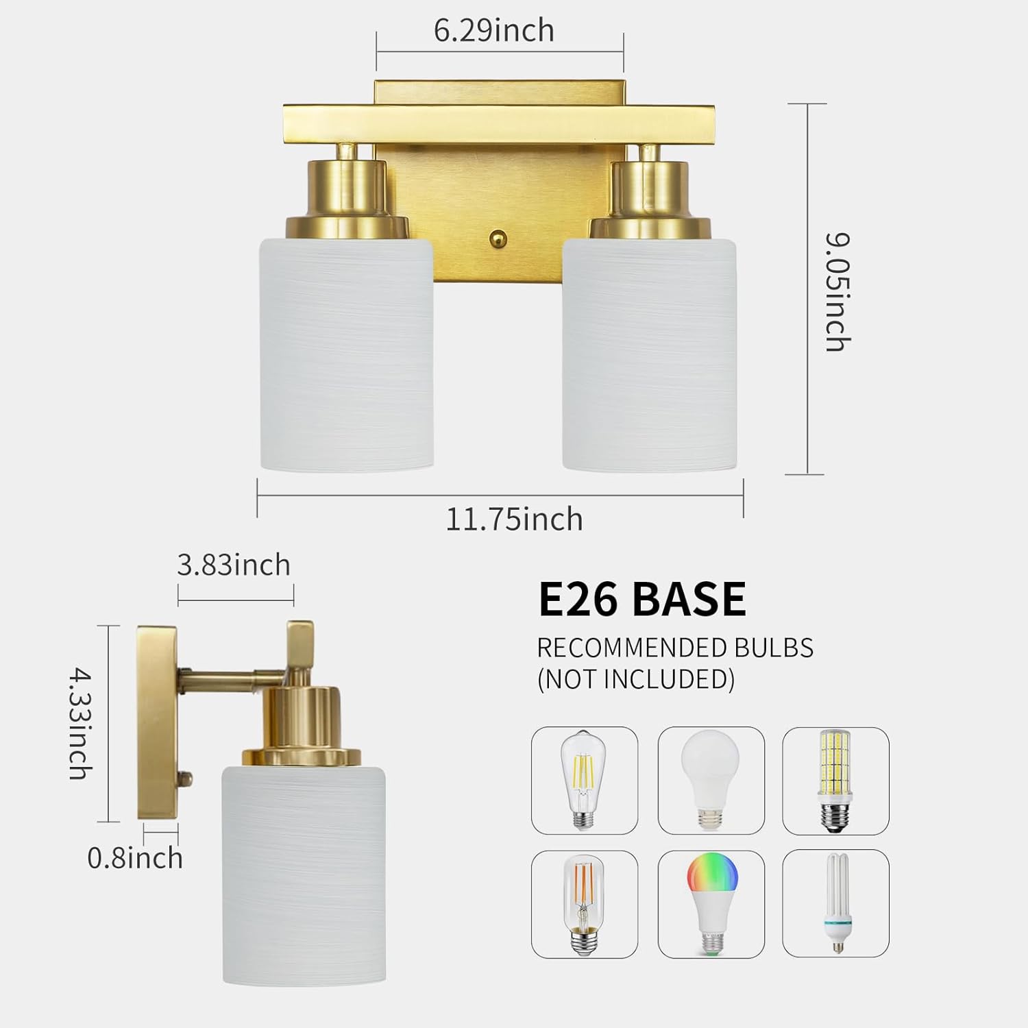 Gold Bathroom Light Fixtures Over Mirror, 2-Light Modern Vanity Lights with White Glass Shade, Bathroom Wall Lamp Sconces for Mirror Bedroom, Living Room Hallway Small Space