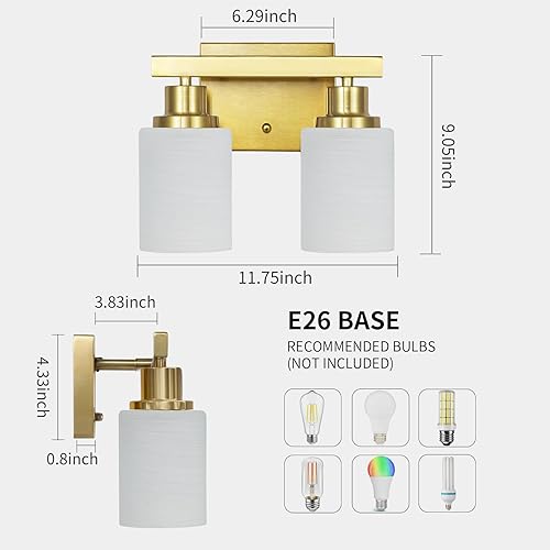 Miniatura 3 de Lámparas de baño doradas sobre el espejo, 2 luces modernas de tocador con pantalla de vidrio blanco, apliques de pared para espejo dormitorio, sala