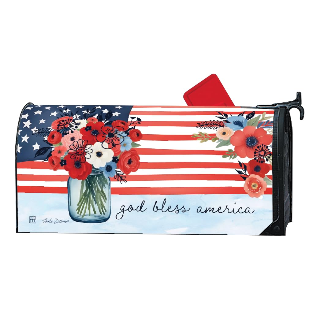 Studio M God Bless America Floral Flag MailWrap – Magnetic Mailbox Cover for Standard 6.5 x 19 Inch Mailbox – Weather Resistant Vinyl – Patriotic Outdoor Décor
