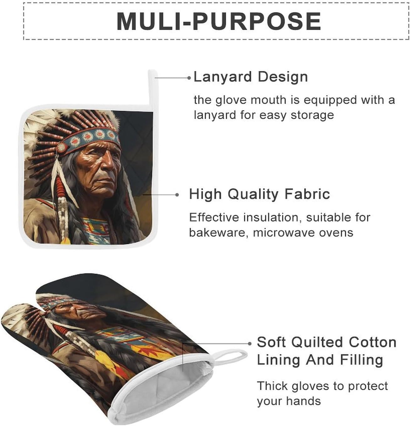 Native American The Old Chief 4 Pcs Oven Mitts and Pot Holders Set High Heat Resistant Long Kitchen Oven Glove Potholders