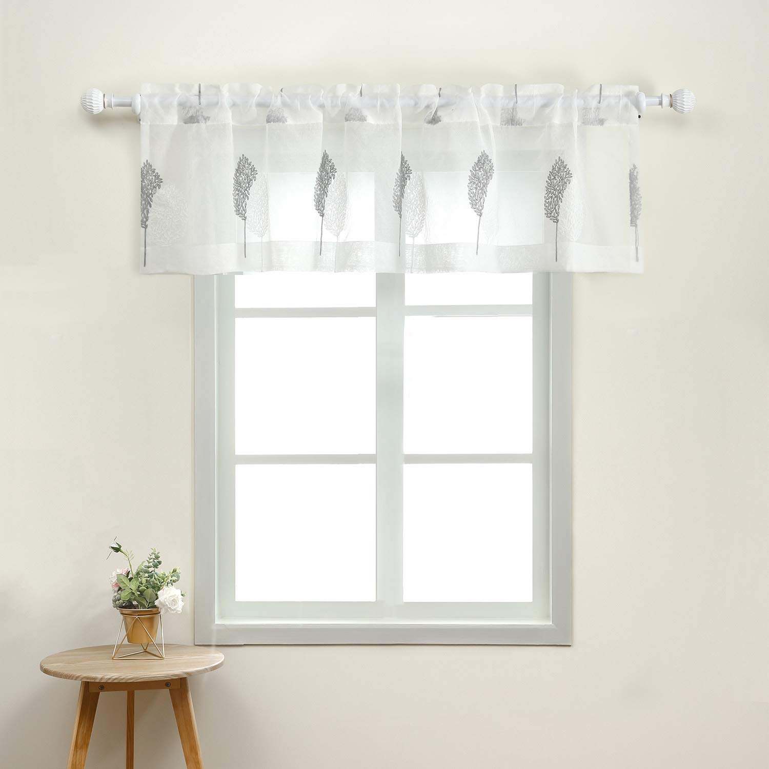 VOGOL White Rod Pocket Sheer Valance, Solid Window Treatment Kitchen Curtains Valances for Windows, Leaves Embroidered Curtain Panels for Living Room