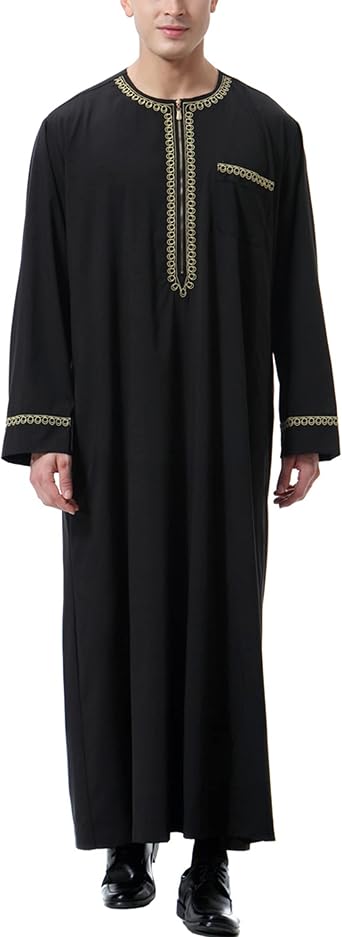 Mens Thobe Muslim Clothes for Men Islamic Clothing Arabic Dress Jalabiya, Black XL