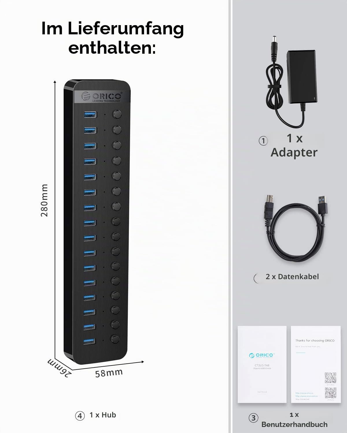 ORICO USB Hub 3.0 Aktiv 16 Ports 78W Mit Netzteil Einzelne EIN/Aus-Schalter und 12V / 5A Energien-Adapter für Desktop-Computer, PC, iMac, Mobile HDD, Flash-Laufwerk, aufladeniPad