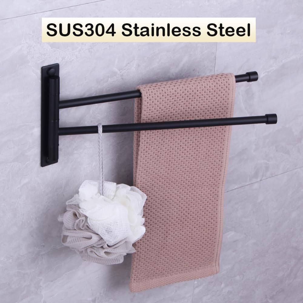 Matte Black Bathroom Hand Towel Rack 2-Bar Folding Arm Swivel Hanger Towel Holder Swing Out Towel Bar SUS 304 Stainless Steel Wall Mount