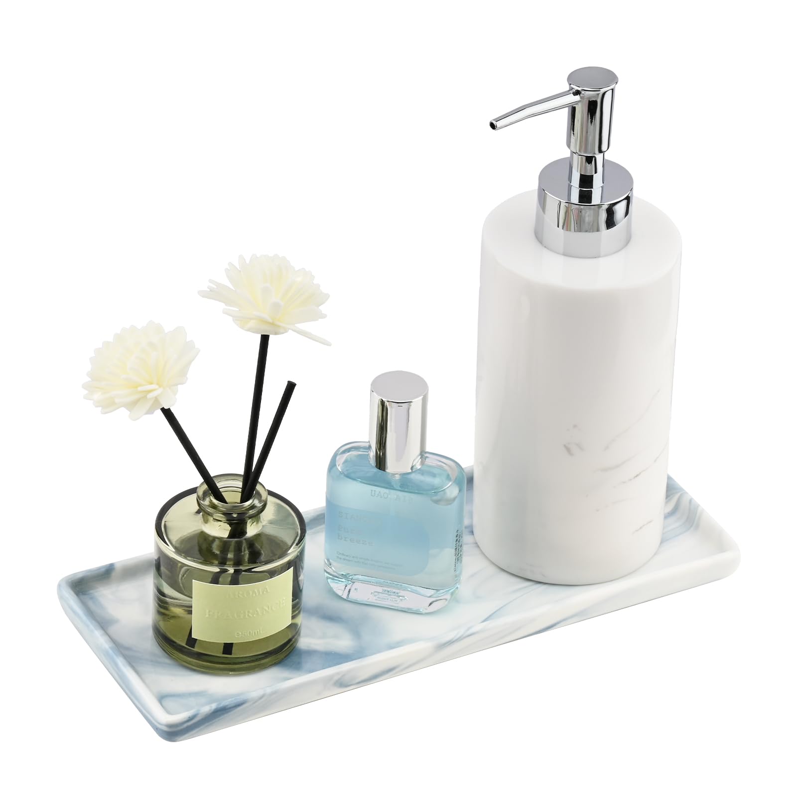YoHyien Ceramic Vanity Tray, Bathroom Tray Organiser, Decorative Trinket Dish for Dresser, Rectangle Jewellery Plate for Cosmetics, Perfume, Soap Dispenser, Candle (Blue)