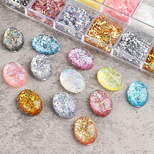 Holographic Nail Art Foil Flakes, 12Grids Colorful Nail Foil Glitters Nail Art Supplies Confetti Gold Silver Irregular Nail Flake Acrylic Nail Powders Summer Effect Nail Art Pigment Decorations Kit #TOP4