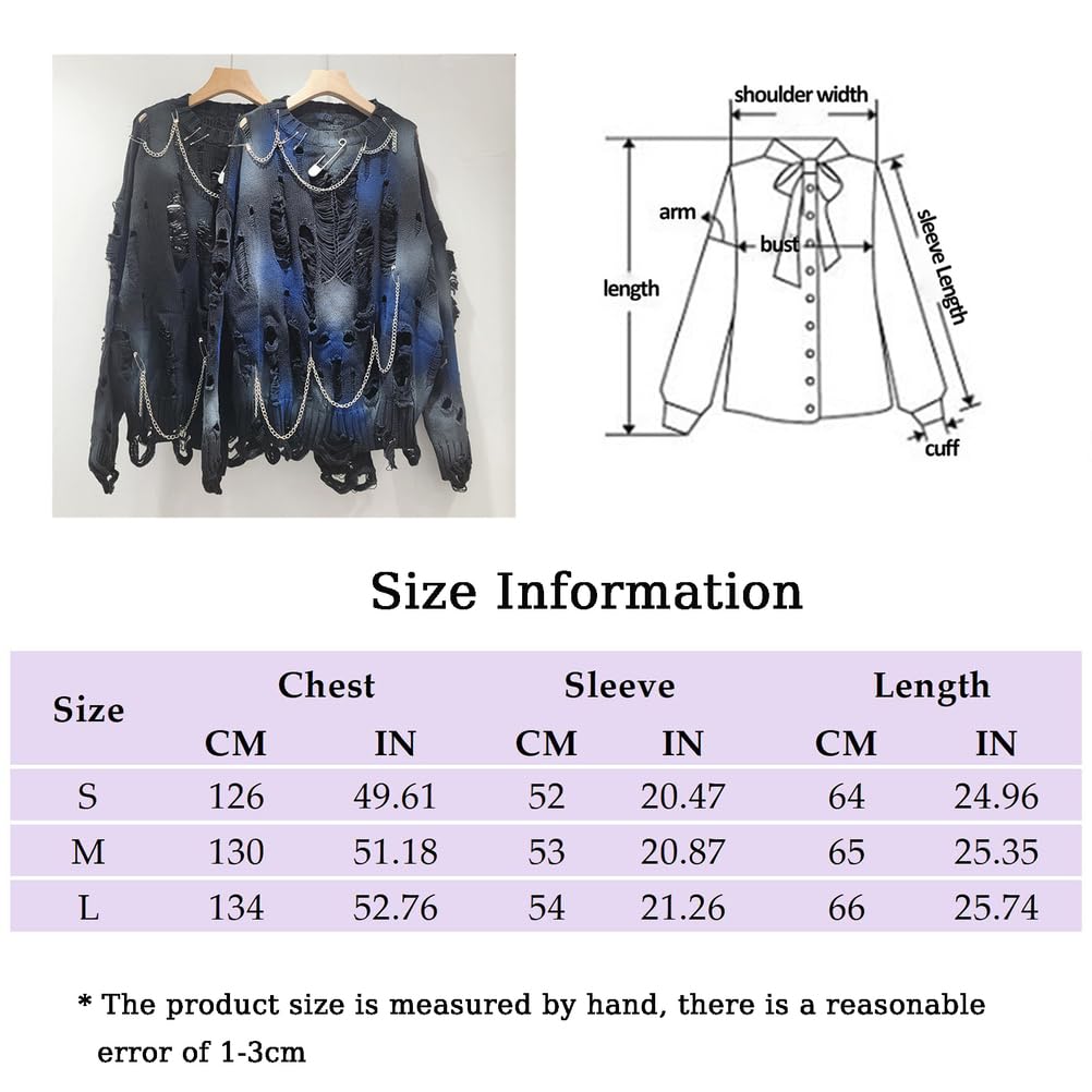Damski gotycki sweter oversize z długim rękawem, wycięciami, okrągłym dekoltem, podarty sweter, bluza dziergana