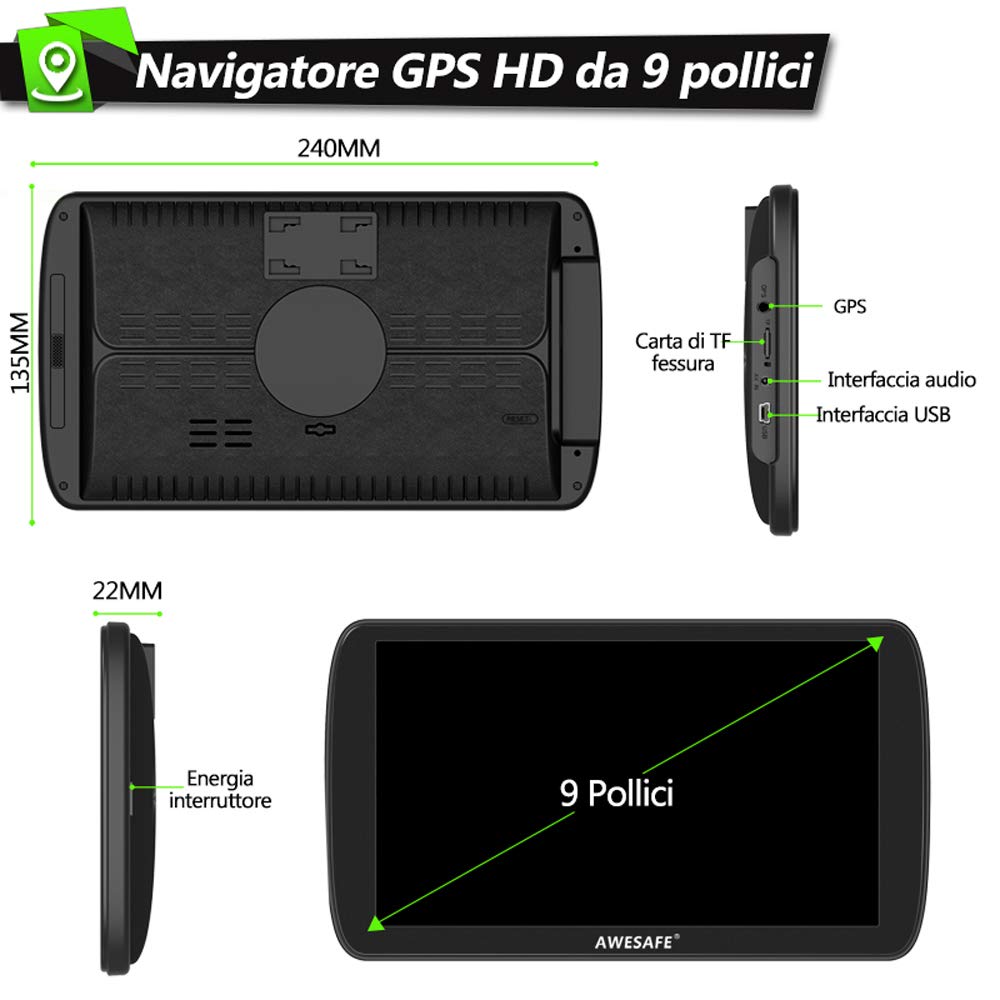 AWESAFE Navegador Bluetooth para camión de 9 pulgadas 2021 GPS navegador por satélite coche autobús taxi, aviso tráfico de voz, límite de velocidad, actualizaciones gratuitas de mapas de por vida