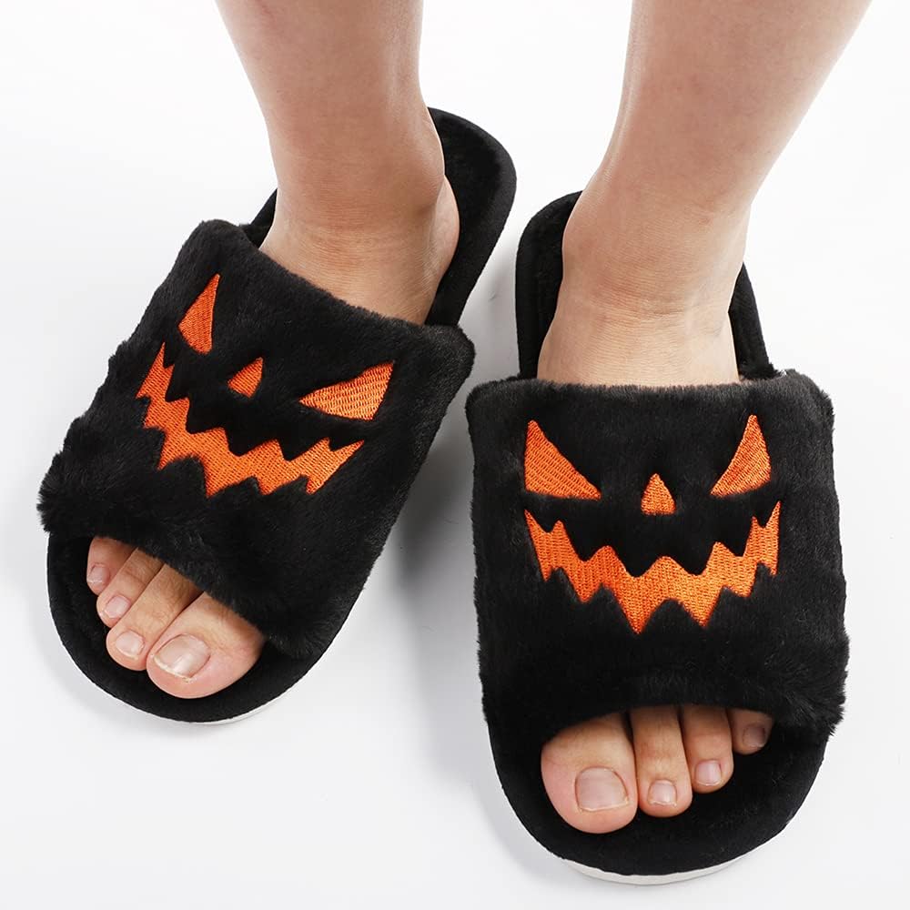 TITTOK Spooky Slides Halloween Slippers Jack O Lantern Pumpkin Soft Plush Cozy Open Toe Indoor Outdoor Fuzzy Slippers Gifts For Girls Women Girlfriend Men - Image 2