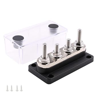 Busbar Copper 12V-48V DC 300A, Heavy Duty 4 x 5/16 Posts Battery Bus Bar | Power Distribution Block, 12 V 24V Buss Bars Terminal Blocks 300 Amp for Car RV Solar PV Marine Boat Automotive, Black