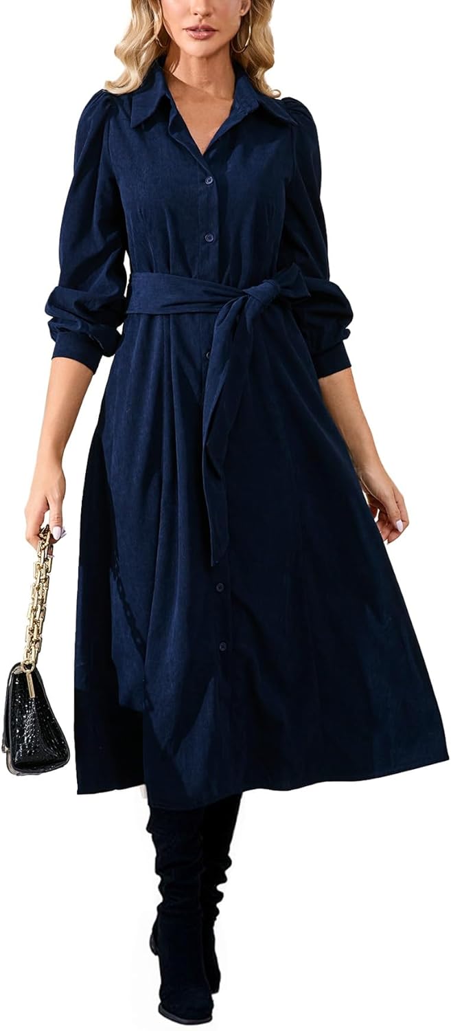 YEXPINE Women's Corduroy Midi Dress Long Sleeve Button Down Belted Flowy Shirt Dress with Pockets