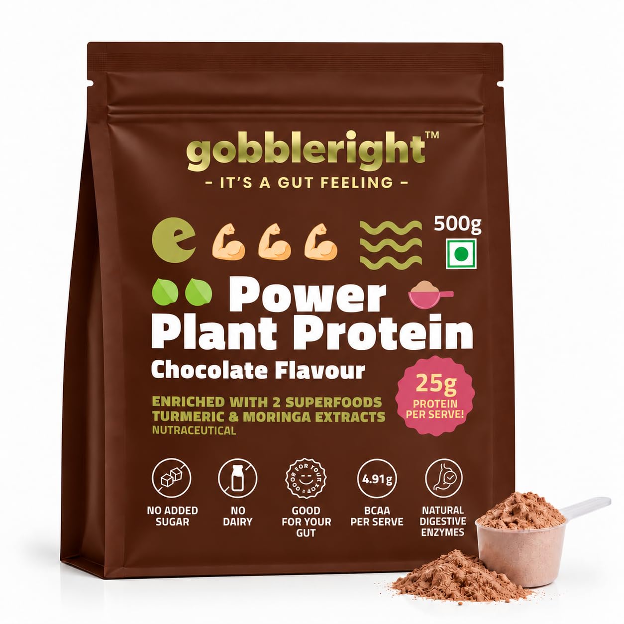 GOBBLERIGHT Plant Protein Powder Chocolate (1kg)-28.5g Protein & 4.91g BCAA Per Serve|Isolate & Concentrate Pea Rice Powder with Turmeric & Moringa Extracts|No Added Sugar|Gut Friendly — Amazon image 12