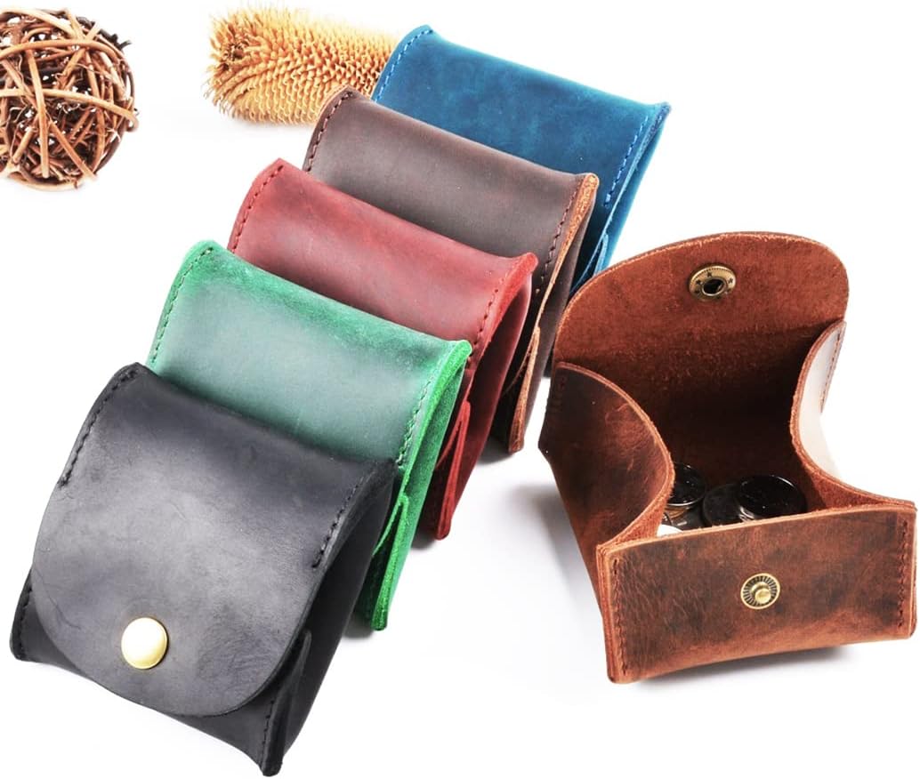 Genuine Leather Squeeze Coin Purse Pouch Rustic Moon Pocket Coin Case Mini Coin Tray Purse with Leather Snap Button – Dark Brown