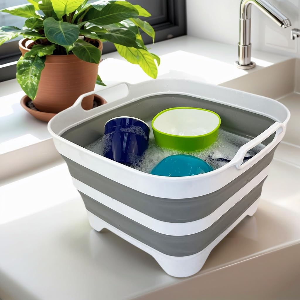 SAMMART Bassine à vaisselle pliable de 10 l avec bouchon de vidange - Lavabo pliable - Bac de rangement de cuisine pour économiser de l'espace (blanc/gris/blanc)