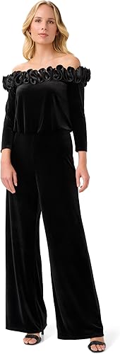 Adrianna Papell womens Off-the-shoulder Stretch Velvet Blouson Jumpsuit With Rosette Detail