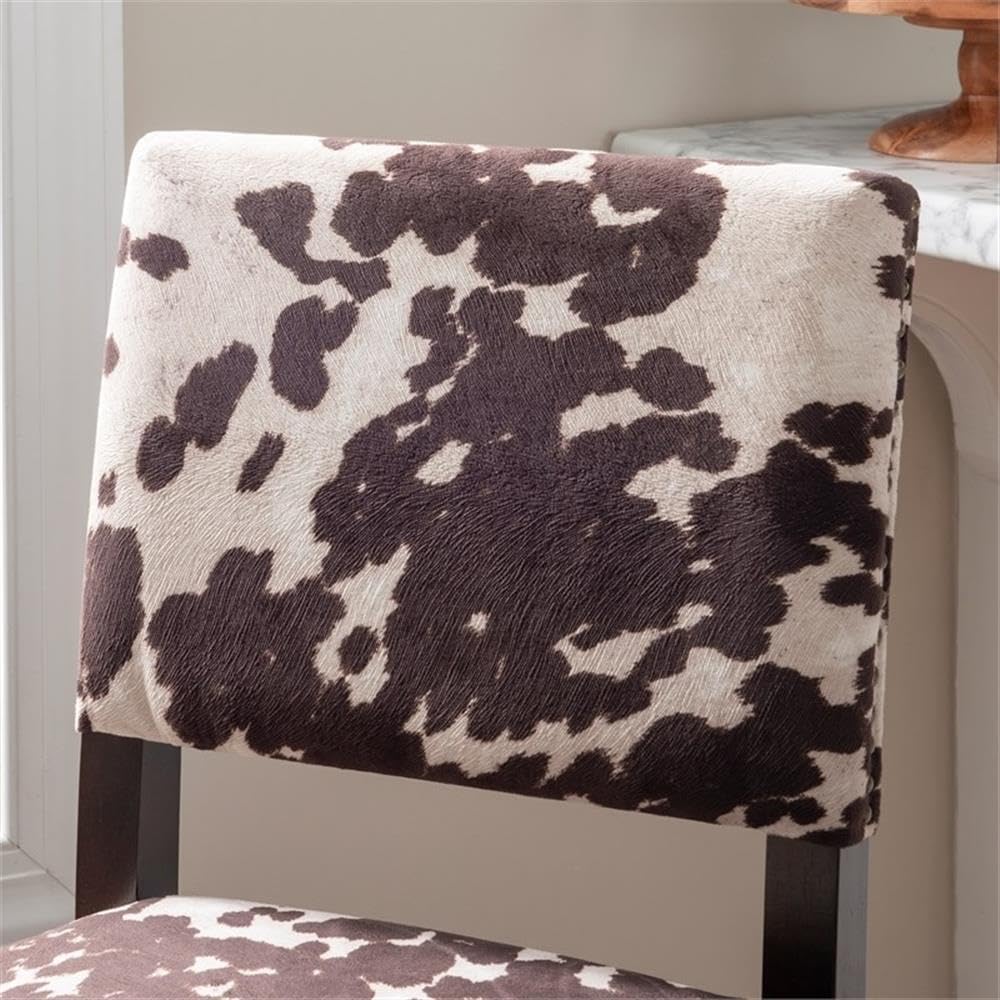BOWERY HILL 30" Microfiber Counter Stool, Brown/White Cowhide Upholstery, Espresso-Finished Solid Wood Legs, Foam Padded Seat, Bronze Nail Head Trim, Bar Height Stool for Kitchen Counter or Island