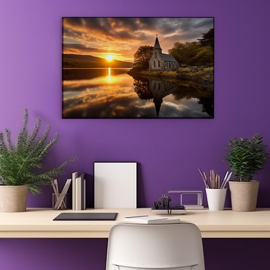 Canvas for Living room. Whispering Hues at Lakeside Vespers - A Sunset Serenade by a Solitary Stone Church, 27 x 18 inch Canvas Wall Art - Beach Sunsets And Sunrises - Modern Home Decor