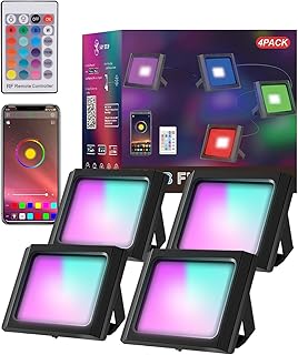 Outdoor RGB Flood LED Lights - IP66 Waterproof Colored Changing Spotlight with Bluetooth, Halloween Strobe Lights, Dimmable Color Smart Floodlights for Christmas Party Garden | 4 Pack