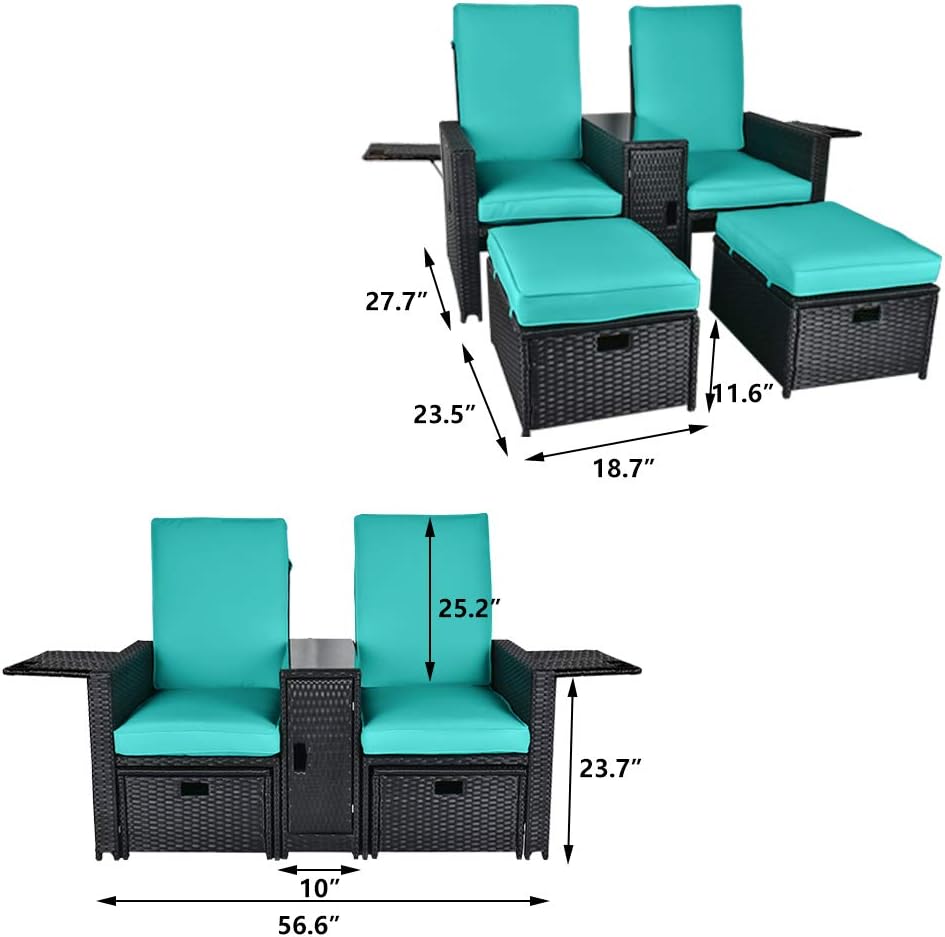 Patio Wicker Loveseat - Outdoor Rattan Sofa Set with Cushion - Adjustable Lounge Chair with Ottoman Footrest, Wicker Furniture for Garden, Patio, Balcony, Beach, Coffee Bar, Deck