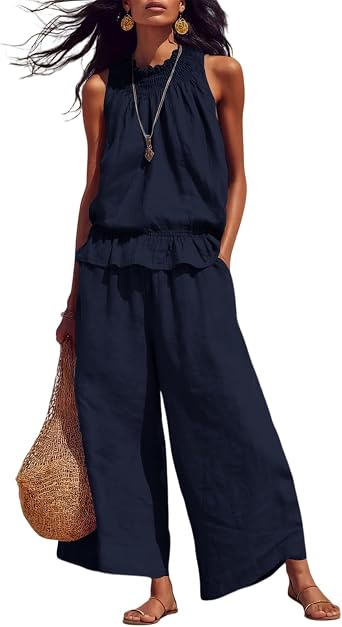 Womens Linen 2 Piece Sets Sleeveless Ruffle Top Wide Leg Pants Matching Lounge Sets Vacation Travel Airport Outfits
