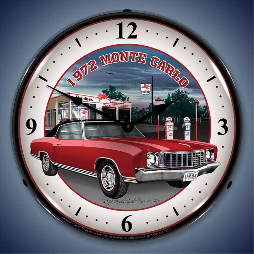 1972 Monte Carlo at Mobilgas Station Red LED Wall Clock, Retro/Vintage, Lighted, 14 inch