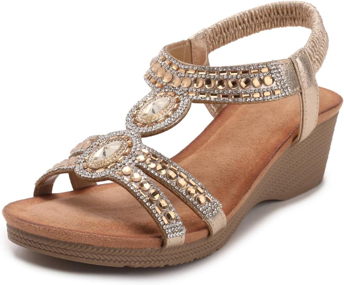 Womens Wedge Sandals Bohemia Rhinestone Elastic Ankle Strap Open Toe Roman Low Heel Summer Shoes Dressy Wedge Sandal For Women Casual Platform sandals