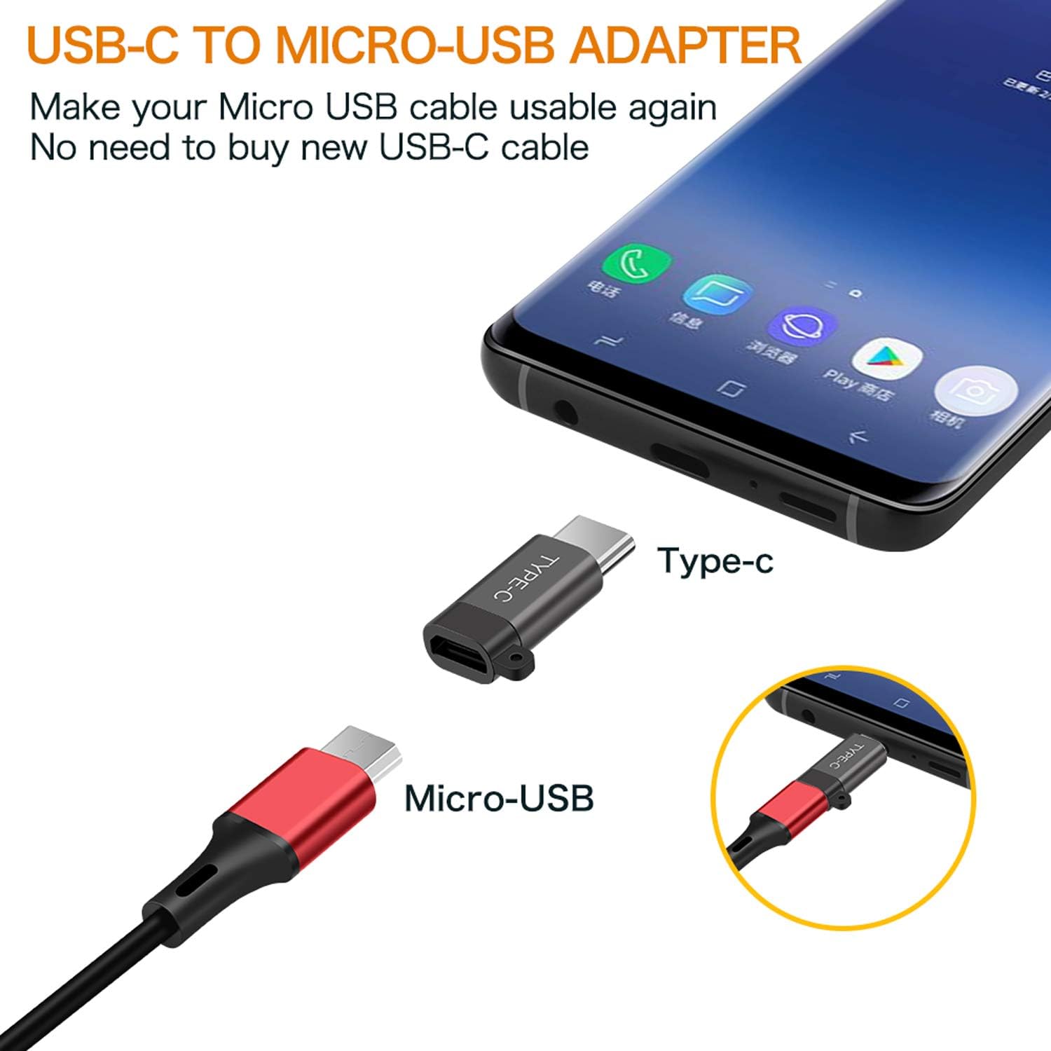 USB Type C Adapter, 4 Pack Micro USB to USB C Convert Connector, Aluminum USB Type C Charger with String Compatible Samsung Galaxy Note 9 8 S10/S9/S8 Plus Nexus 6P 5X Google Pixel LG G5 G6(Gray)