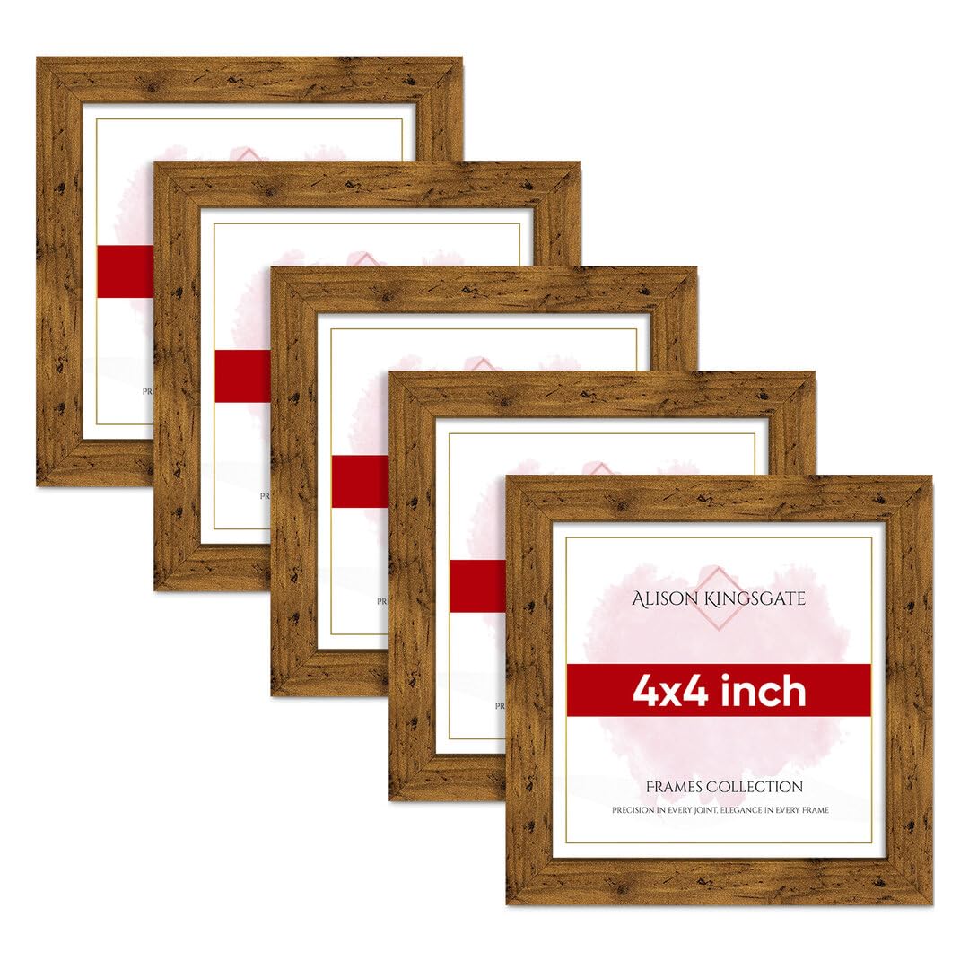 Alison Kingsgate Modern 4X4 Rustic Oak Photo Frame Pack of 5-Engineered Wood Picture Frames with Shatterproof Perspex - Ideal for Artwork-Wall Mount or Tabletop - Multiple Sizes & Colours Available